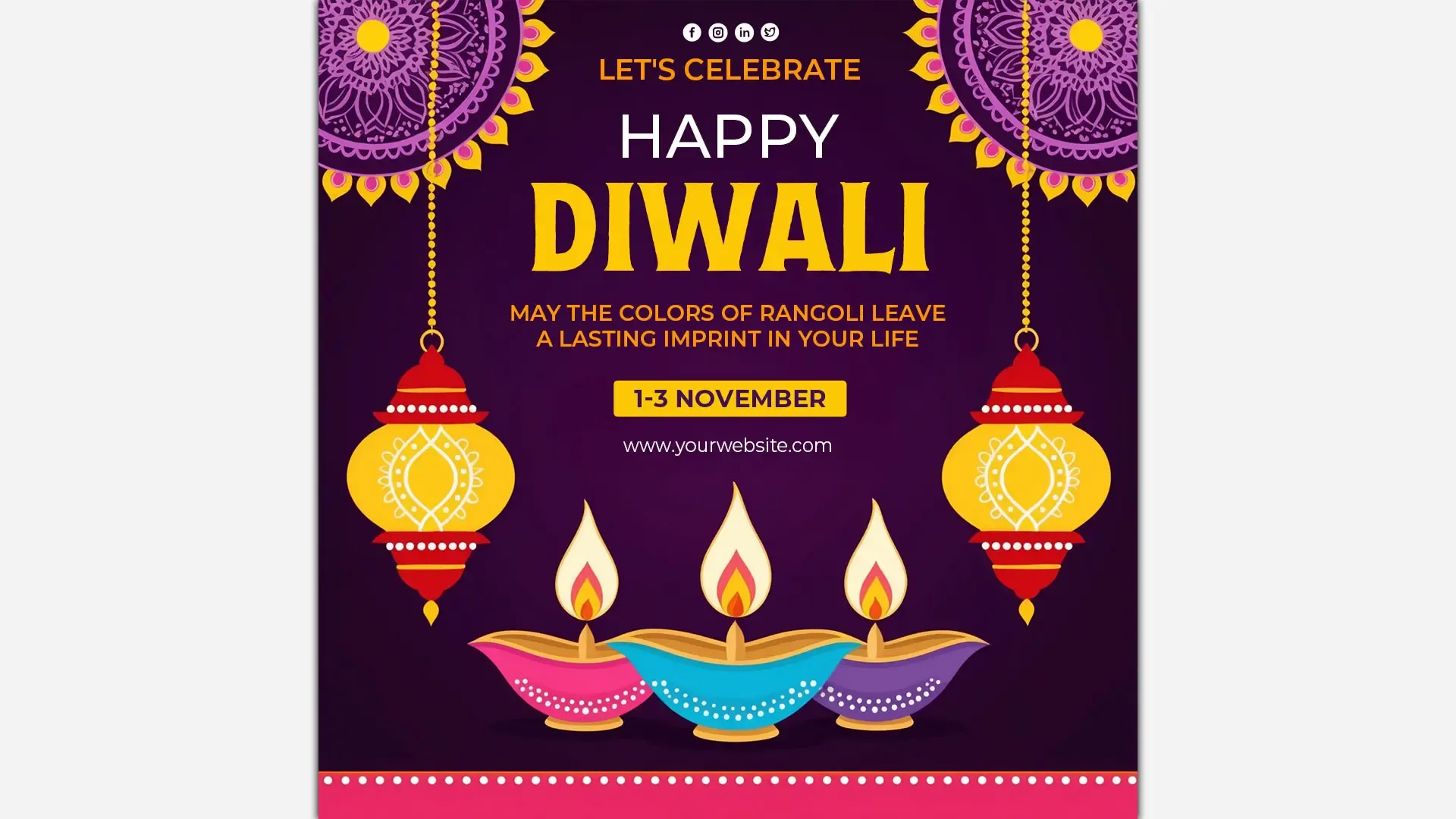 Colorful Diwali Greetings Instagram Post with Lanterns and Diyas PSD